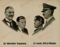 Postal con imagen de Hitler, Mussolini, Daladier y Chamberlain. "Conferencia de Munich, 29 septiembre 1938". 9 octubre 1938