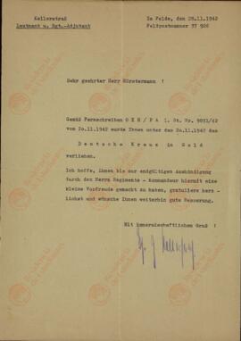 "Hörstermann. Cruz alemana en oro. En el campo de batalla, 28 noviembre 1942"