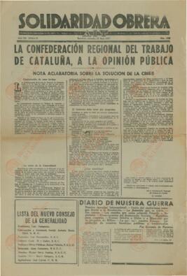 Solidaridad Obrera. Órgano de la Confederación Regional del Trabajo de Cataluña. "La Confederación Regional de Trabajo de Cataluña, a la opinión pública. Nota aclaratoria sobre la solución de la crisis". 30 junio 1937