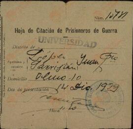 Hoja de citación de prisioneros de guerra. Juan Francisco López Sacristán. 14 diciembre 1939