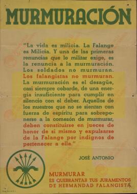 "Murmuración". Cartel con cita de José Antonio Primo de Rivera contra la murmuración