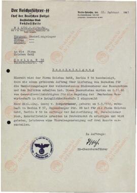 "Certificación a la empresa Holzbau GmbH". Berlín, 22 febrero 1941