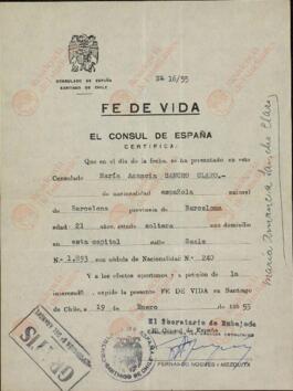 Vapor Uruguay. Sancho Contreras, Eduardo. "Fe de vida" de María Amancia Sancho Claro (hija). Santiago de Chile, 19 enero 1955