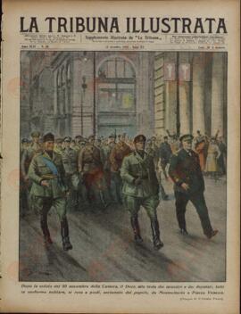 La Tribuna Illustrata. "Después de la reunión del 30 de noviembre en la Cámara, el Duce, a la cabeza de los ministros y diputados, todos con uniforme militar, se fueron a pie de Montecitorio a Piazza Venezia aclamados por el pueblo".  13 de diciembre de 1936