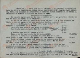 Vapor Uruguay. Sancho Contreras, Eduardo. Copia de la nota enviada al Instituto de la Moneda Extranjera sobre la pensión de viudedad de Raquel Claro Velasco (esposa)