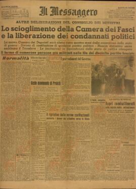 Il Messaggero. "La disolución de la Cámara de los Fasci y la liberación de los presos políticos".  30 de Julio de 1943