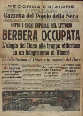 L'Italiano. Gazzeta del Popolo della Sera. "Berbera ocupada". Turín, 20 - 21 Agosto 1940