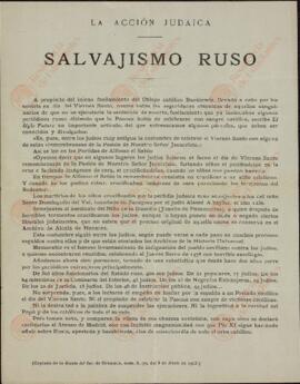 "Salvajismo ruso. Acción Judaica". Artículo copiado de "La Gaceta del Sur" de Granada del 8 de abril de 1923.