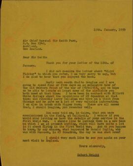 Wright, Robert. Carta a Keith Park, 18 enero 1959