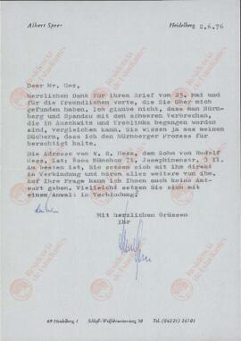 Grupo de 7 cartas: Speer, Albert. "Querido Sr. Gex. 2 Junio 1976"