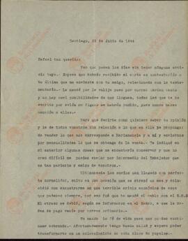 Vapor Uruguay. Sancho Contreras, Eduardo. Carta de Raquel Claro Velasco (esposa) a Rafael Sancho Contreras, conde de Montalvo (hermano). Santiago de Chile 22 julio 1944