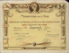 Lepesant, Roland. Certificado de aptitud para el empleo de mecánico de avión