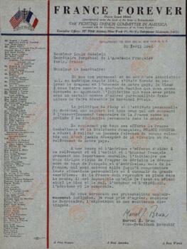 Carta de Marcel J. Brun, vicepresidente ejecutivo de "France Forever", Comité de Lucha francés en América contra la rehabilitación del Mariscal Pétain, Nueva York, 20 de abril de 1948.