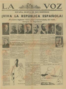 La Voz. "España, dueña de sus destinos / ¡Viva la República Española!". N.º 3212. Martes, 14 abril 1931. (Proclamación de la República).