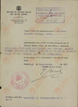 Jefatura de Sanidad Militar del Sector Centro. Declaración de Utilidad Médica del soldado Isidoro Rolland Serna. Madrid, 18 de Septiembre de 1937.