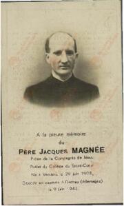Esquela fúnebre del Padre Jacques Magnée (1903-1942), asesinado en el campo de concentración de Dachau, c. 1946.
