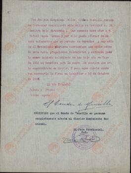 Certificado de Adicción al Movimiento del Tcnel. Rafael de Rueda Moreno, rubricado por Joaquín Campuzano Avilés (Conde de Mansilla) y certificado por el Jefe Provincial de FET y de las JONS de Santander (firma ilegible). Santander, 10 de Octubre de 1937