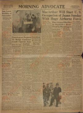 "Morning Advocate", Baton Rouge, Miércoles 22 de Agosto de 1945. "MacArthur comenzará el domingo la ocupación estadounidense de Japón con una enorme fuerza aerotransportada."