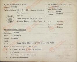 Cartilla de antecedentes políticos, profesionales y militares del soldado Miguel Miralpeix Sabaté, 14 de diciembre de 1945. (Control de personas).
