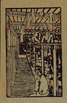 Postal rusa con imagen de interior de prisión militar en la Primera Guerra Mundial