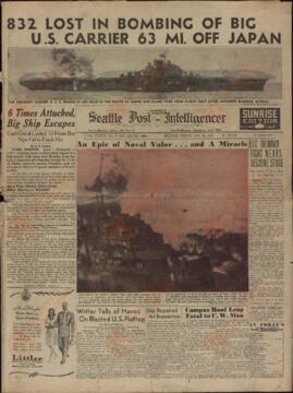Seattle Post-Intelligencer. "832 pérdidas en el bombardeo del gran portaviones a 63 millas de Japón". 18 mayo 1945.