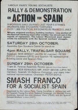 Reunión y manifestación en acción por España. Aplastar a Franco por el socialismo español. Juventudes socialistas del partido laborista. Portsmouth, 28 y 29 de octubre (de 1936?). (Guerra Civil).