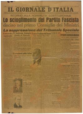 Il Giornale d'Italia. "Regreso a la normalidad constitucional. la disolución del Partido Fascista decidida en el primer Consejo de Ministros". 29 de Julio de 1943
