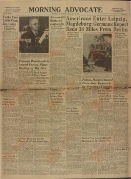 "Morning Advocate", Baton Rouge, Miércoles 18 de Abril de 1945. "Los estadounidenses entrar en Leipzig, Magdeburgo; Los alemanes Informan que los rojos están a 18 millas de Berlín."