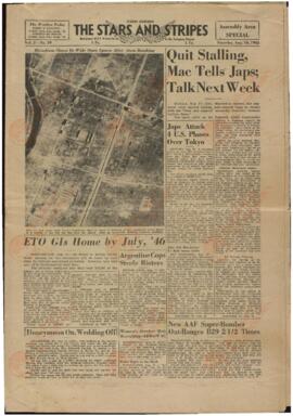 The Stars and Strikes: Daily Newspaper of U.S. Armed Forces in the European Theater of Operations. 18 agosto 1945. "Mac dice a los japoneses: no perdáis más el tiempo."