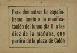 Convocatoria a manifestación franquista en la Plaza de Colón de Madrid, s.d.