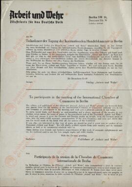 Editorial de Arbeit und Mehr, Illustrirte für das Deutsche Volk, a los asistentes al Congreso de la Cámara Internacional de Comercio
