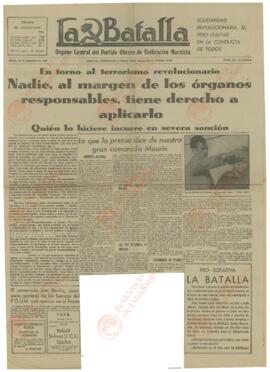 La Batalla. Órgano Central del Partido Obrero de Unificación Marxista. "En torno al terrorismo revolucionario, nadie, al margen de los órganos responsables, tiene derecho a aplicarlo". 19 septiembre 1936