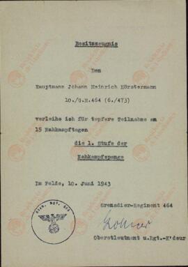 "Johann Heinrich Hörstermann. Certificado de concesión del distintivo de 1.ª clase de lucha cuerpo a cuerpo. 10 junio 1943"