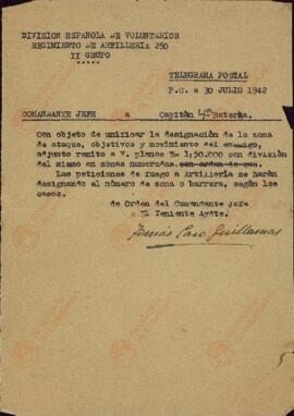 División española de voluntarios, División Azul. Regimiento de Artillería 250. 30 julio 1942. Incorpora planos rusos de la zona de Pushkin.