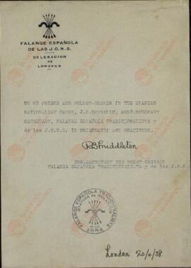 Middleton, R.B. Nota de agradecimiento del Secretario de Falange Española en Londres. 20 Abril 1938