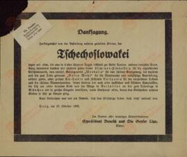 "Agradecimiento. Con motivo del entierro de nuestra querida hija, Checoslovaquia. Praga, 10 octubre 1938"