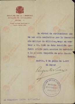Nombramiento como Cabo del Batallón de Retaguardias Nº 1, "Águilas de la Libertad", para el soldado Isidro Rolland. Madrid, 3 de Julio de 1937.