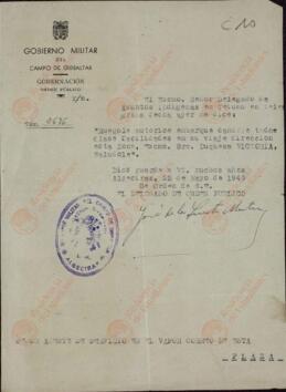 "Gobierno militar del campo de Gibraltar". Algeciras, 22 mayo 1945