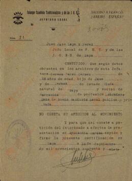 Certificado de Buena Conducta y Afección al Movimiento a favor de Teresa Carou Garzón (90 años) emitido por la Jefatura Local de Falange de Noya (La Coruña). 12 Septiembre 1947
