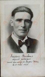 Esquela fúnebre de Frédéric Burkens (-1945), asesinado en el campo de concentración de Bergen-Belsen, c. 1946.