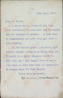 Carta de Ramsay MacDonald, Primer Ministro del Reino Unido (1929-1935) a Alexander Whyte. 13 de junio de 1911.
