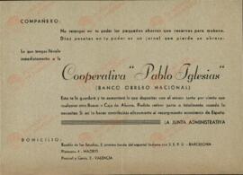 Cooperativa "Pablo Iglesias", instando a formalizar depósitos en este "Banco Obrero Nacional".