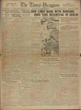 The Times Picayune, "Nuevos enlaces hechos con los rusos, los rojos toman el Reichstag en Berlín". 14 de mayo de 1945