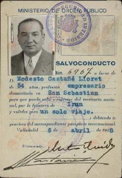 Castañé Lloret, Modesto. Salvoconducto. Valladolid, 6 abril 1938