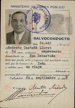 Castañé Lloret, Modesto. Salvoconducto. Valladolid, 24 septiembre 1938