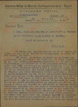 Vapor Uruguay. Sancho Contreras, Eduardo. Telegrama a Rafael Sancho Contreras, conde de Montalvo (hermano). Madrid, 2 enero 1943