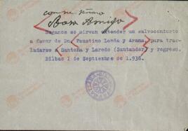 Solicitud de Salvoconducto a favor de Faustino Landa y Arana, para trasladarse a Santoña y Laredo (Santander) y regreso. Bilbao, 1 de Septiembre de 1936.