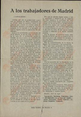 "A los Trabajadores de Madrid". Agrupación Socialista Madrileña, Partido Comunista, y JSU. Abril 1936