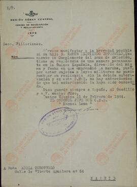 Oficio del Centro de Movilización y Reclutamiento de la Región Aérea Central, dirigido a Adela Corotuelo (sic) solicitando información sobre el paradero de su hijo, Ramón Izquierdo Cotorruelo. 11 Febrero 1944