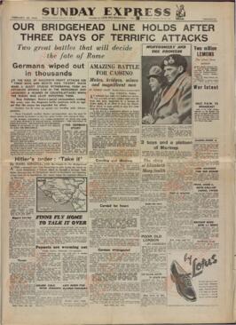 Sunday Express, "La línea del puente mantiene se mantiene después de tres días de terribles ataques", 20 de Febrero de 1944